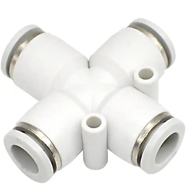 PZA Pipe Fittings Plastic Quick Connector Push In One Touch + Type Push In 4 Way Pneumatic Fitting